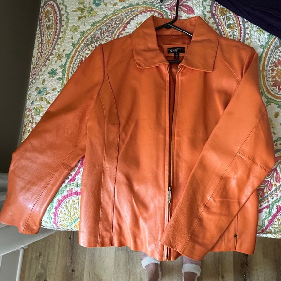 Orange 100% Leather Women's Zippered Jacket - Picture 1 of 5